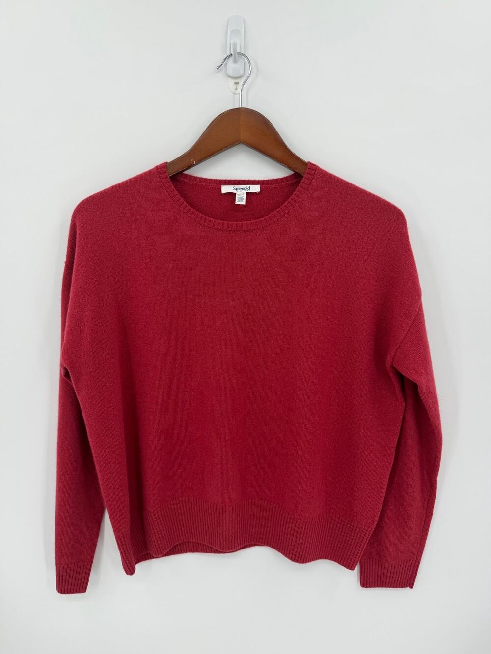 Splendid Raspberry Red 100% Cashmere Crewneck Sweater Luxury Knit Soft Small